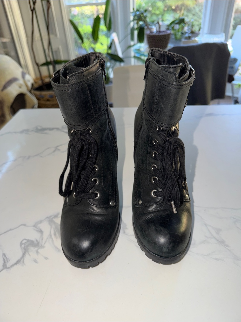 Report Black Leather Lace-Up Ankle High Heel Boots